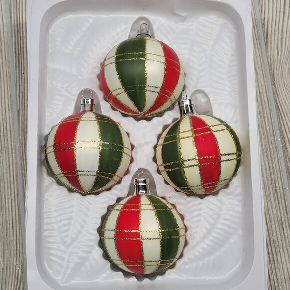 Bradford Plaid Christmas Trimmeries Glass Tree Ornaments Stripes Red Green White - Picture 2 of 9